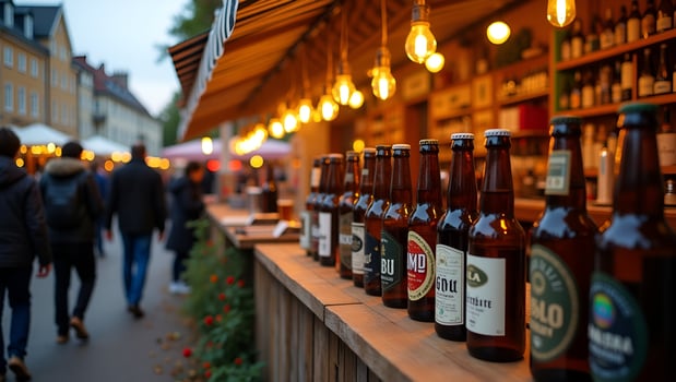 Artisanal Beer Stall at Open Air Market Craft Lagers Under Striped Canopy with Bustling Crowd Twilight Ambiance Seasonal Harvest Vibes photo