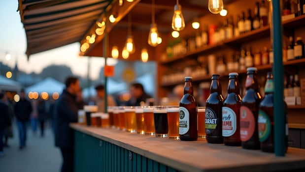 Open air market beer stall display artisanal brews aligned on wooden counters under striped canopy bustling crowd sampling craft lagers seasonal harvest atmosphere twilight ambianc Set 2 photo