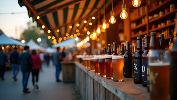 Artisanal Beer Stall at Open Air Market Craft Lagers Under Striped Canopy Bustling Crowd Sampling Seasonal Brews Twilight Ambiance Empty Space for Text Set 2 photo