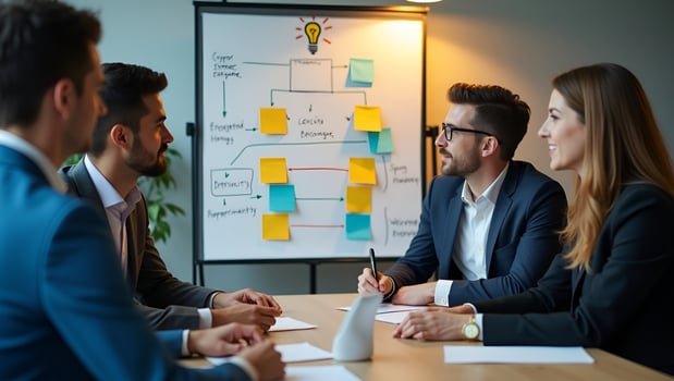 Office Problem Solving Session Team Analyzing Flowchart with Sticky Notes Light Bulb Inspiration in Collaborative Workspace Conceptual Image with Empty Space Set 2 photo