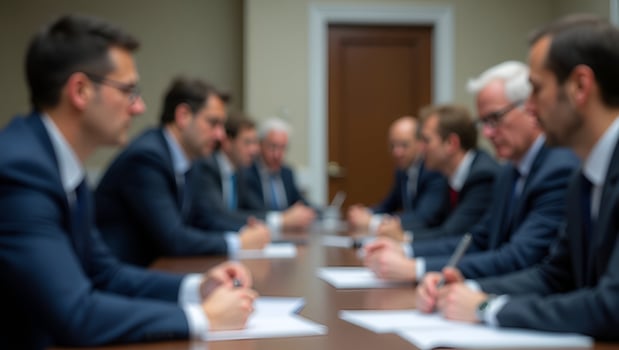 Formal Portrait of Government Trade Policy Committee in Session Reviewing Global Tariff Proposals with Regulatory Overview Professional Atmosphere photo