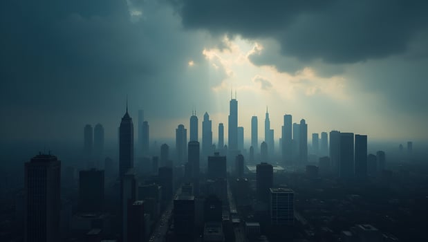 Somber business district skyline under dark clouds reflecting economic downturn sentiment photograph symbolizing market decline and financial stress in Photo Stock Concept and e Set 2