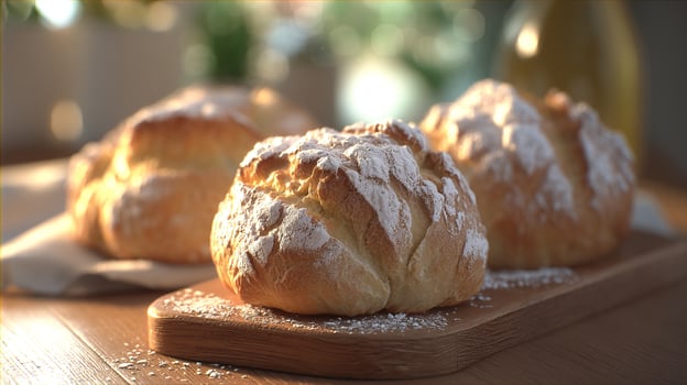 Artisan bread loaf perfectly lit with natural window light photo