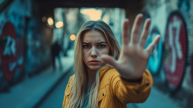 Empowering Image of Woman Signaling Opposition to Harassment and Abuse photo