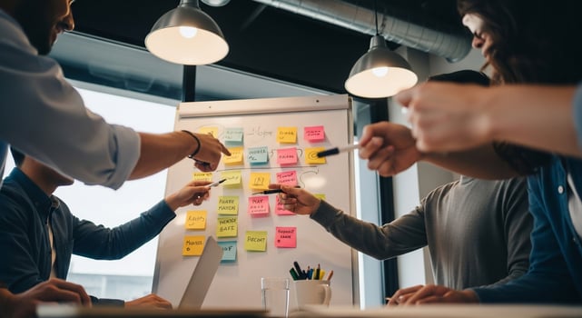 People working together in an office with sticky notes on the wall photo