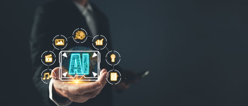 A man holds an AI icon, while marketers study, research, and analyze strategies such as media, streaming, content creation, and online marketing to enhance their digital businesses. photo