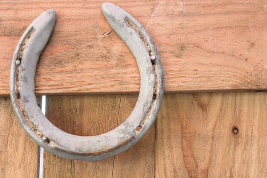 old rusty horseshoe on vintage wooden board photo