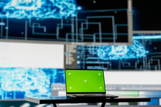 PC showcasing chroma key display next to AI neural networks system, machine learning used for practicing predictive analytics and cloud computing. Implementing artificial intelligence brain. photo