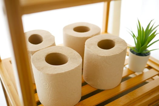 Four rolls of paper towels on a wooden shelf with a plant photo