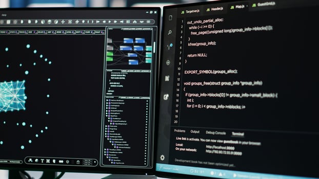 Computer systems controlling network resources through AI visualization dashboards and node tree programming software, mapping infrastructure connections, close up shot photo