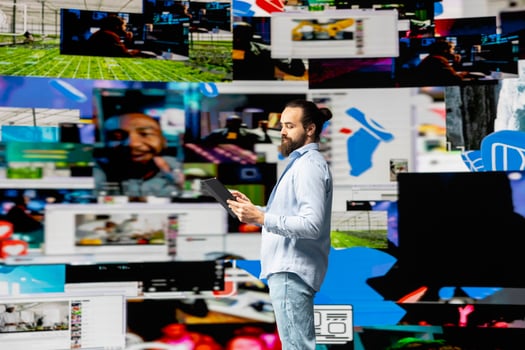 Content creator connecting with a global social media audience through mobile technology, using digital tools for storytelling and branding to build influence, engagement and online presence. photo