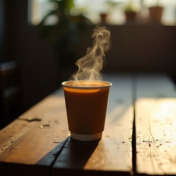 Steaming Hot Drink on Wood Table in Warm Sunlight photo