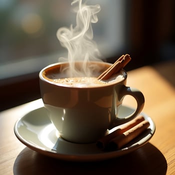 Steaming Coffee with Cinnamon Sticks on Saucer Near Window photo