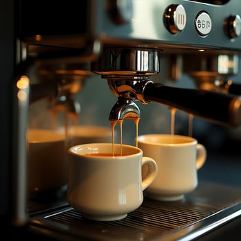 Pouring Fresh Coffee Into Mugs with Professional Espresso Machine photo