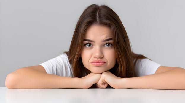 Sad Young Woman Resting Chin on Hands White TShirt Grey Background photo