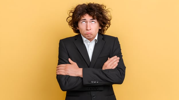 Young Man in Black Suit Looking Upward with Doubtful Expression Yellow Background photo