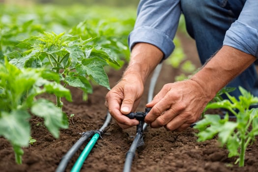 Farmer installing drip irrigation system in tomato field photo