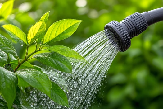 Gardener watering plants in garden with hose and spray nozzle photo