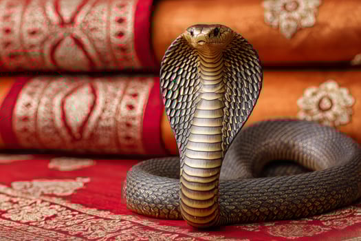 King cobra snake statue exhibiting threatening posture on ornate fabric photo