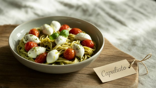 A bowl of capuliato pasta with mozzarella and cherry tomatoes on a wooden board close up shot photo