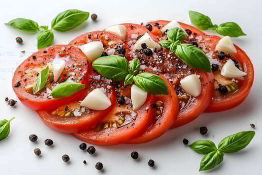 Fresh Tomato and Basil Salad with Garlic and Peppercorn Garnish for Healthy Dining photo