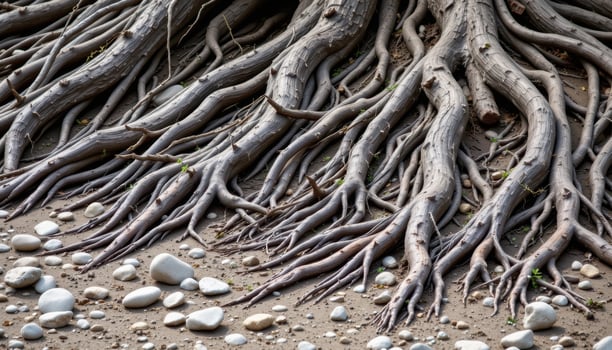 dried riverbed with twisted tree roots and scattered stones. photo
