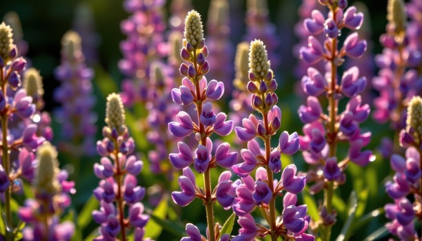 sunlight catching dewdrops on lupine petals photo