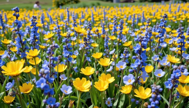 open meadow painted with yellow and blue blooms photo
