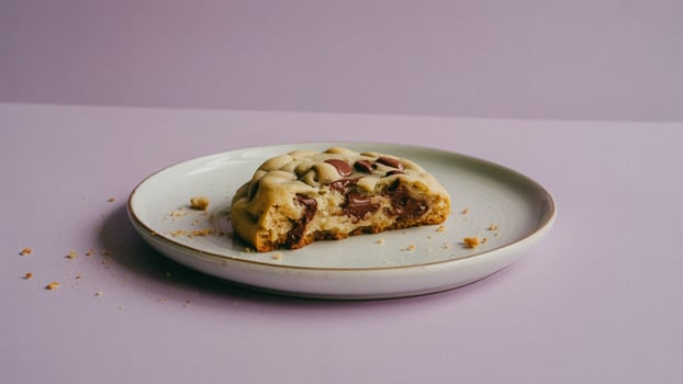 A partially eaten chocolate chip cookie on a white plate against a light purple background in soft lighting photo
