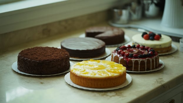 A collection of various cakes displayed on a countertop in a kitchen setting with natural lighting photo