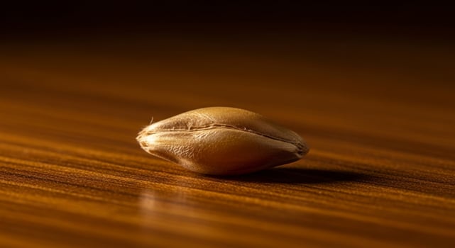 Macro shot of a single golden barley grain resting on a dark wooden surface photo