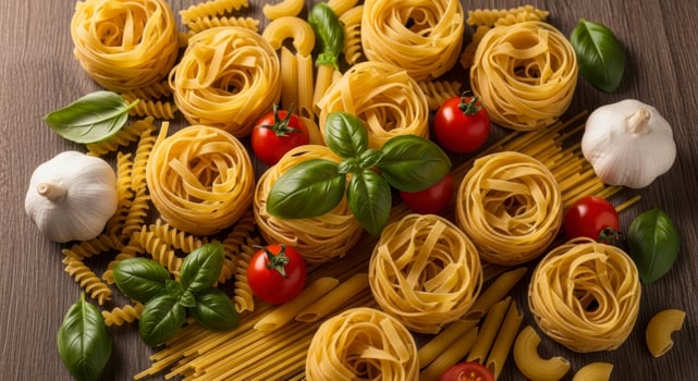 Assortment of uncooked pasta varieties with fresh tomatoes, basil, and garlic on wood photo