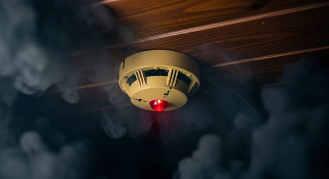 Vintage Smoke Detector with Red Light Blinking Amidst Smoke on a Wooden Ceiling photo