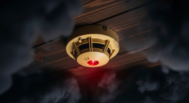 Smoke Detector with Red Light and Dark Smoke on a Wooden Ceiling photo