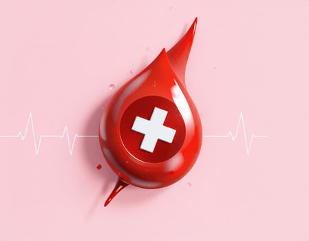Blood drop with a cross on it, on a pink background photo