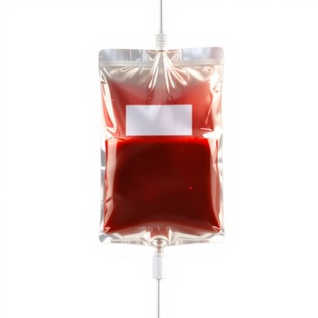 A blood bag with a white label on it photo