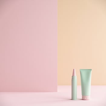 A tube of toothpaste and a tube of toothpaste on a pink and pastel background photo