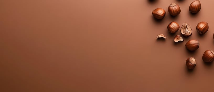 Hazelnuts scattered on a smooth brown surface photo