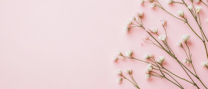 Delicate white flowers arranged on pink background photo