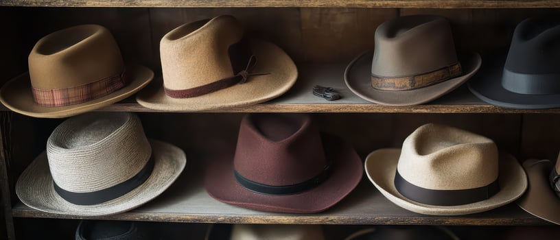 Stylish hats on wooden shelves photo