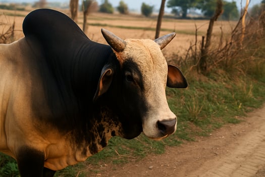A cow standing on a dirt road photo