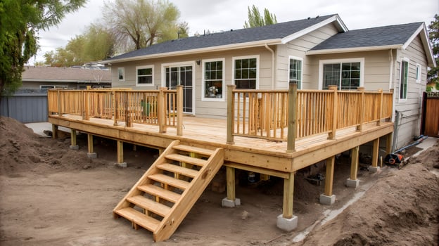 New wooden deck being constructed in backyard of house photo