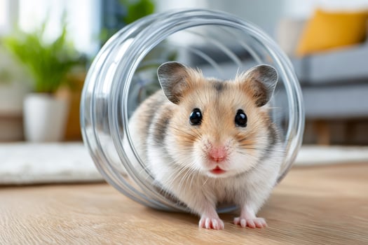 Syrian hamster exploring transparent plastic ball toy photo