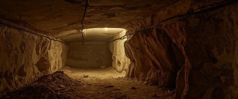 Eerie Underground Tunnel, Hewn from Rock, Lit by Dim Light in an Abandoned Mine. photo