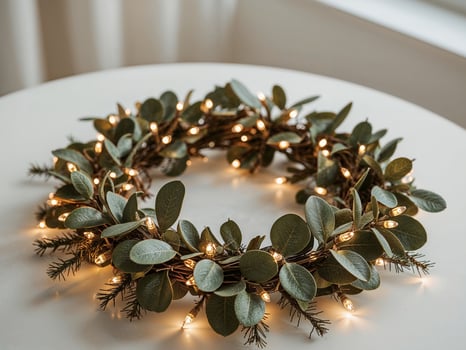 Eucalyptus and Twig Wreath with String Lights on White Surface, Minimalist Decor. photo
