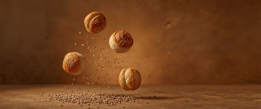 Floating Buns with Scattered Grains, A Culinary Still Life Photography Composition. photo