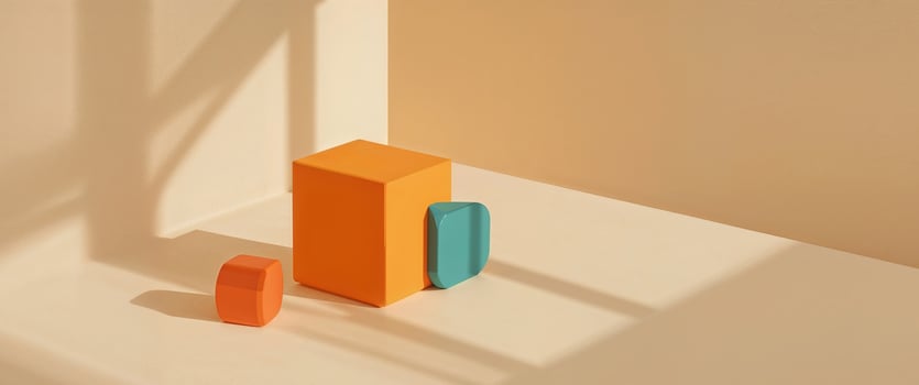 Geometric Still Life with Orange and Teal Blocks on Beige Background, Shadows. photo