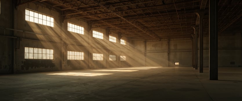 Industrial Warehouse Interior. Sunlight Streaming Through Windows, Creating a Dramatic Effect photo