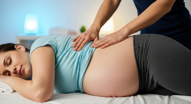 Pregnant woman receiving a relaxing back massage for comfort and wellness during maternity photo