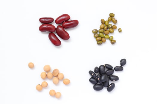 four different types of beans and beans on a white background photo